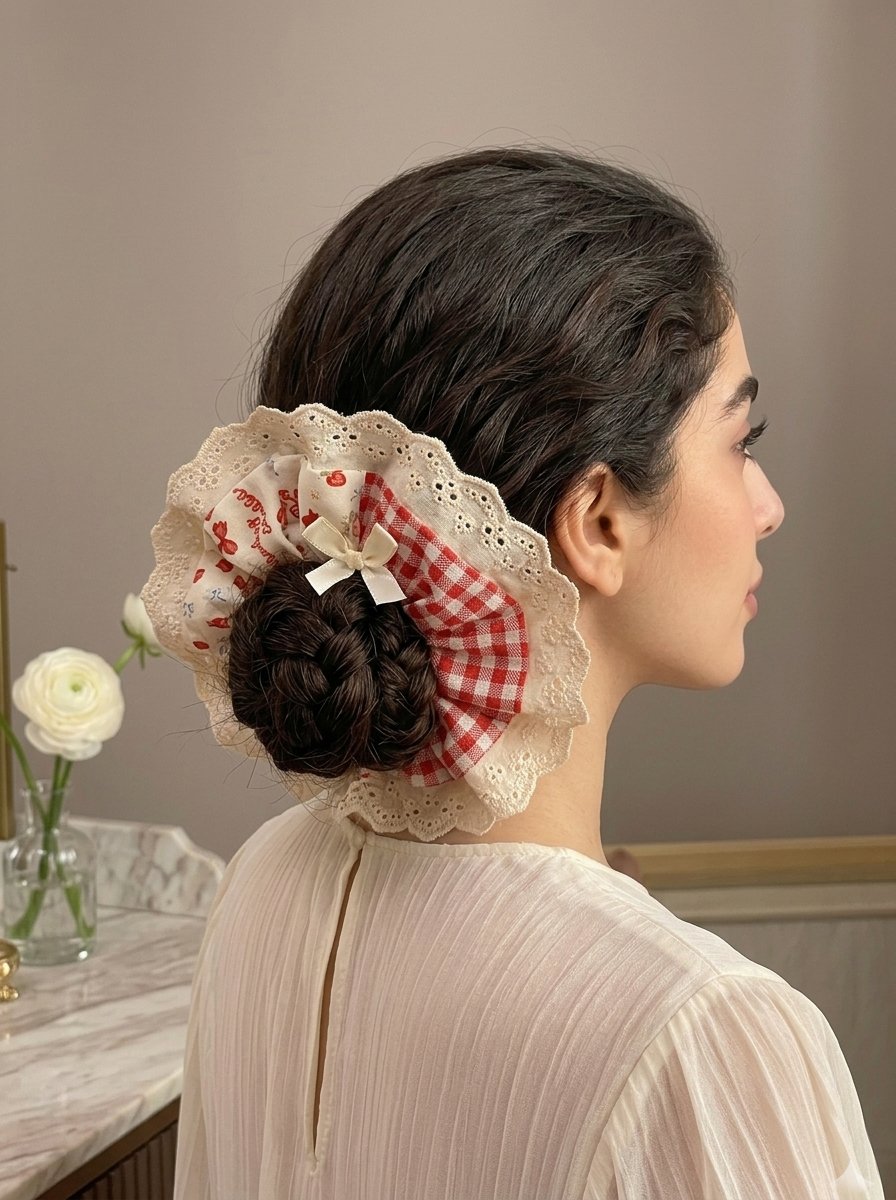 Red Strawberry and Gingham Print Scrunchie, 14cm