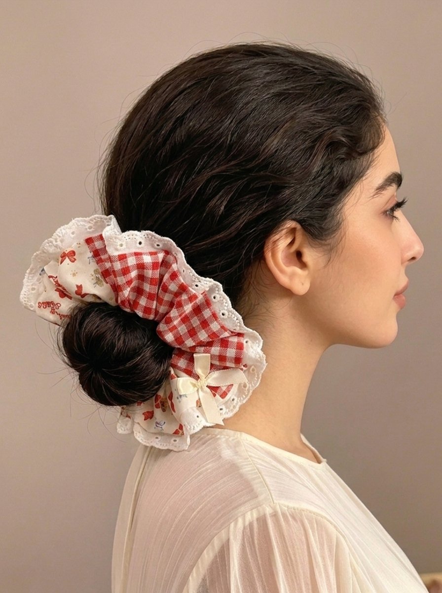 Red Strawberry and Gingham Print Scrunchie, 14cm