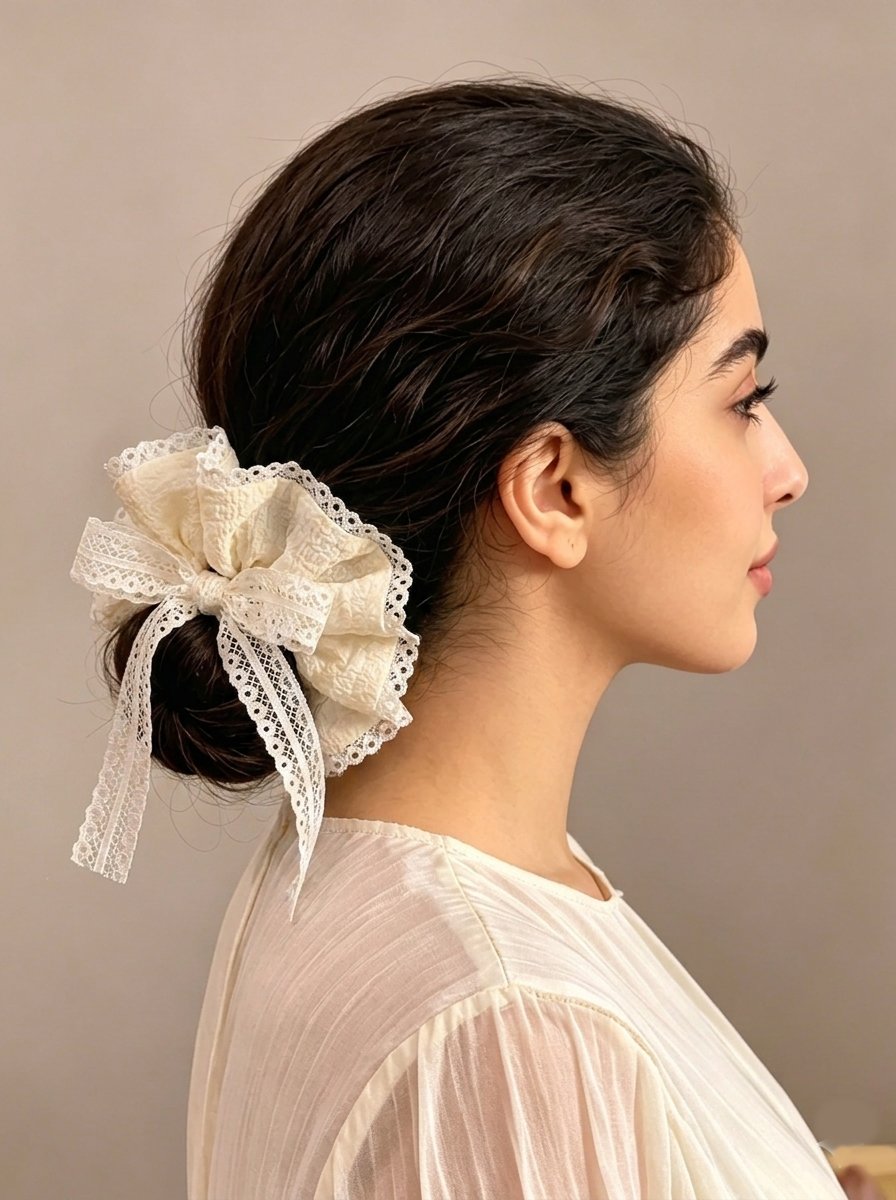 Cream Crinkle Scrunchie with Lace Trim, 12cm