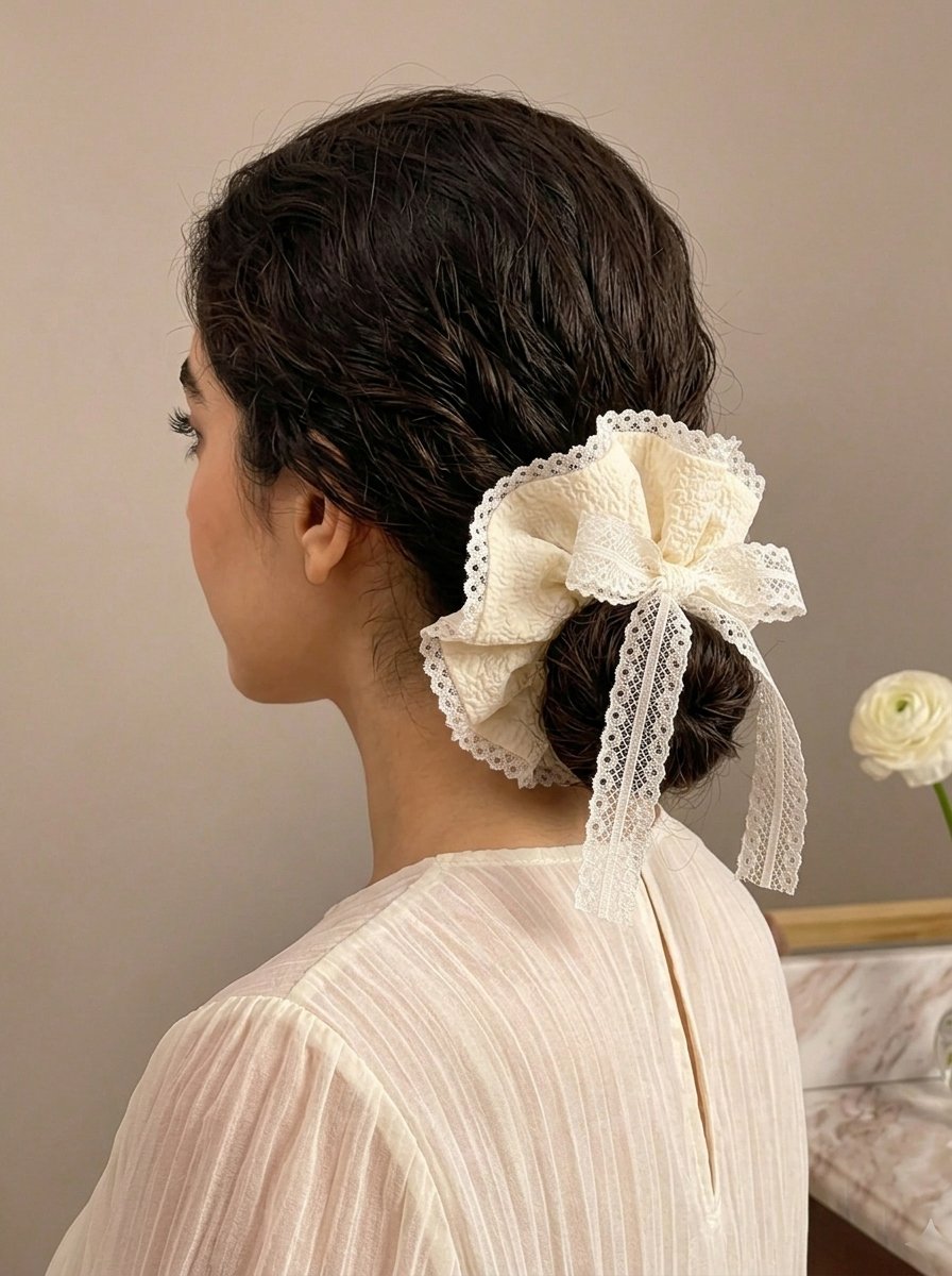 Cream Crinkle Scrunchie with Lace Trim, 12cm