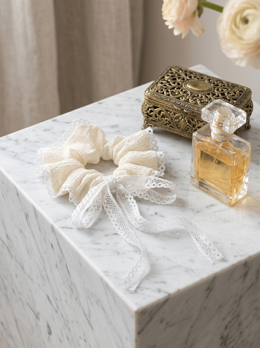 Cream Crinkle Scrunchie with Lace Trim, 12cm