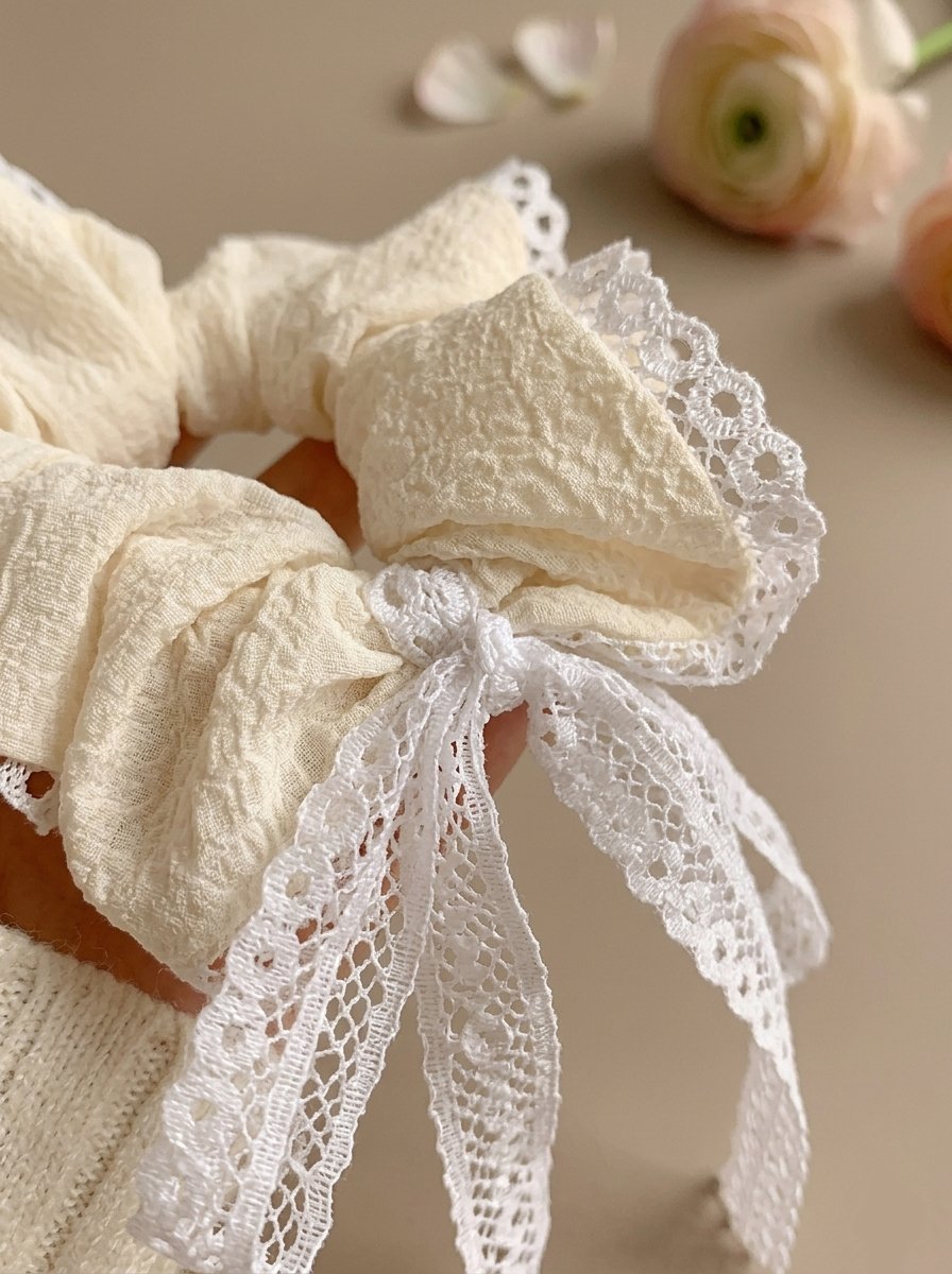 Cream Crinkle Scrunchie with Lace Trim, 12cm