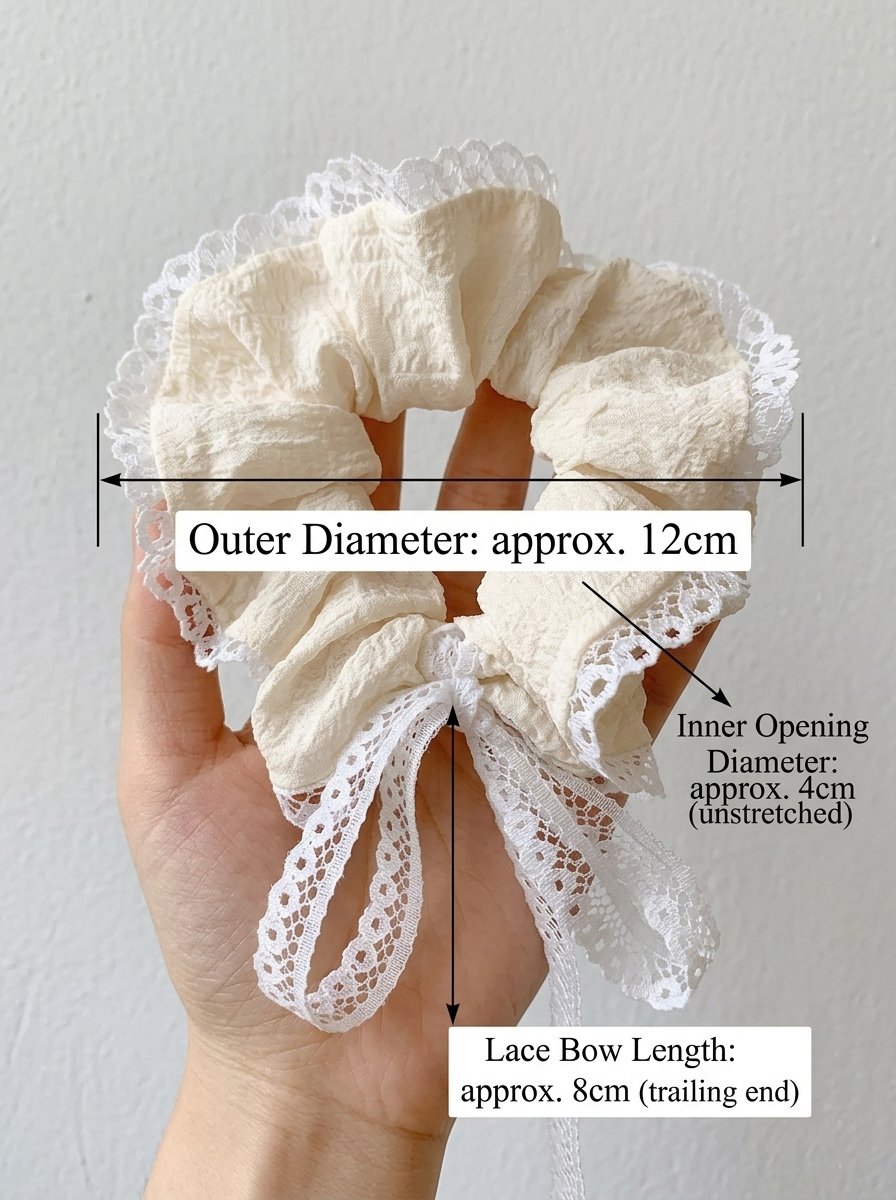 Cream Crinkle Scrunchie with Lace Trim, 12cm