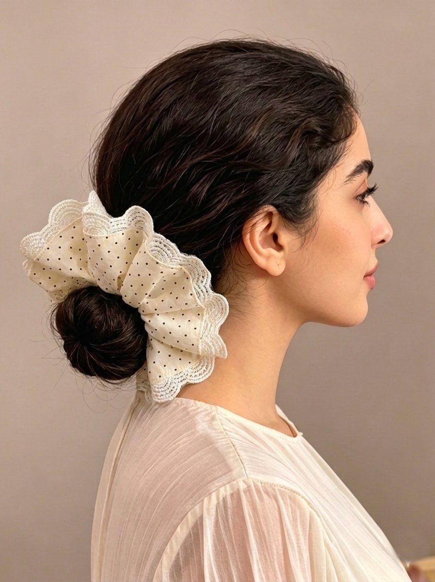 Cream Polka Dot Lace Edge Scrunchie, 20cm