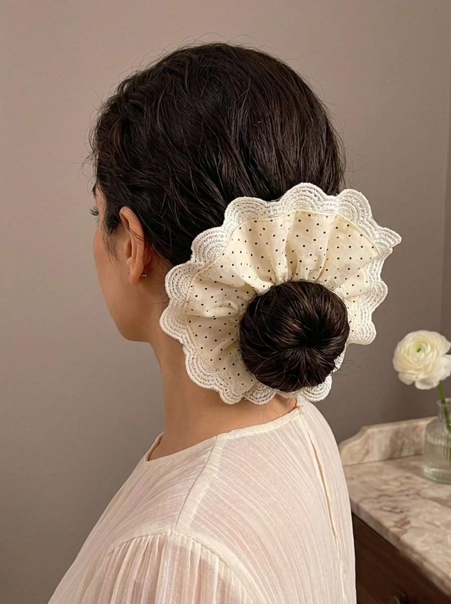 Cream Polka Dot Lace Edge Scrunchie, 20cm