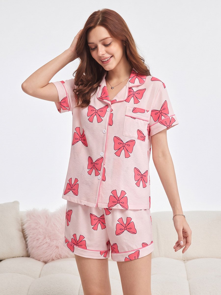 Pink Bow Print Short Sleeve Pajama Set