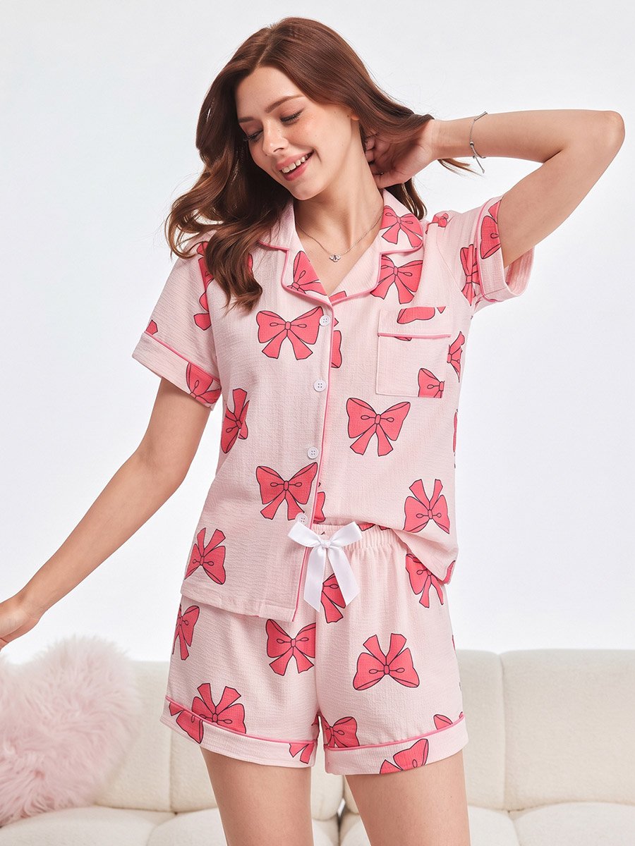 Pink Bow Print Short Sleeve Pajama Set