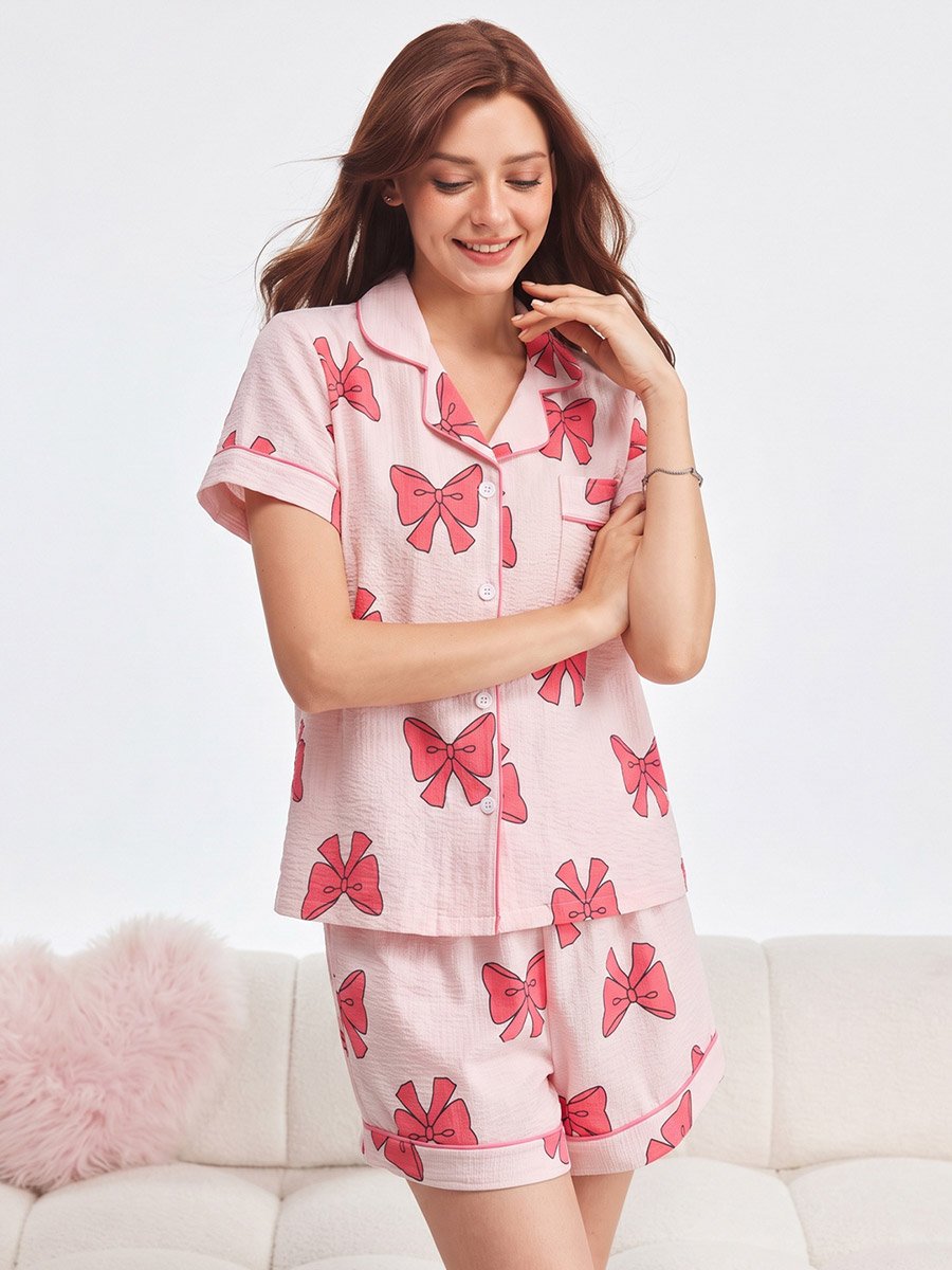Pink Bow Print Short Sleeve Pajama Set