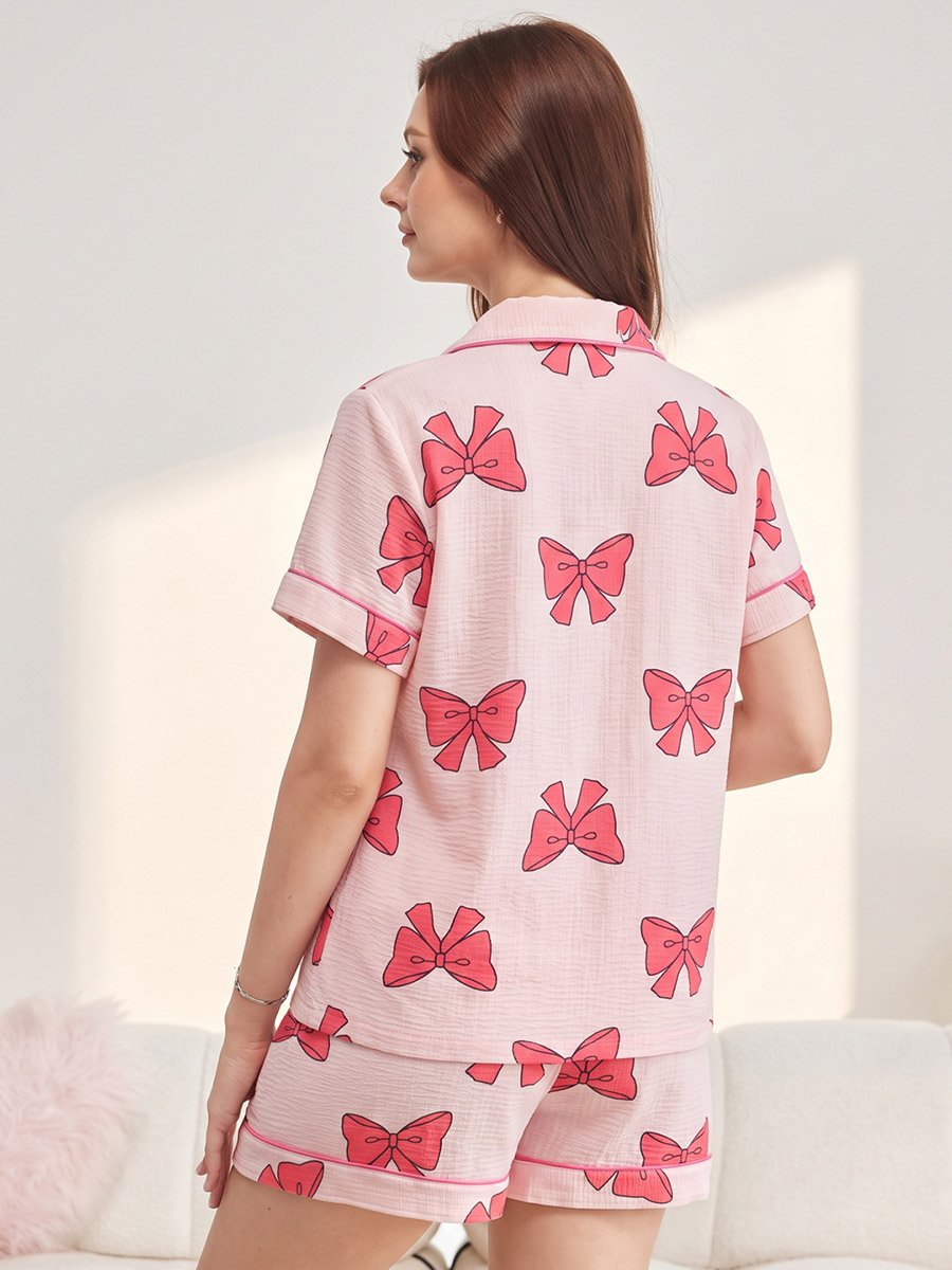 Pink Bow Print Short Sleeve Pajama Set
