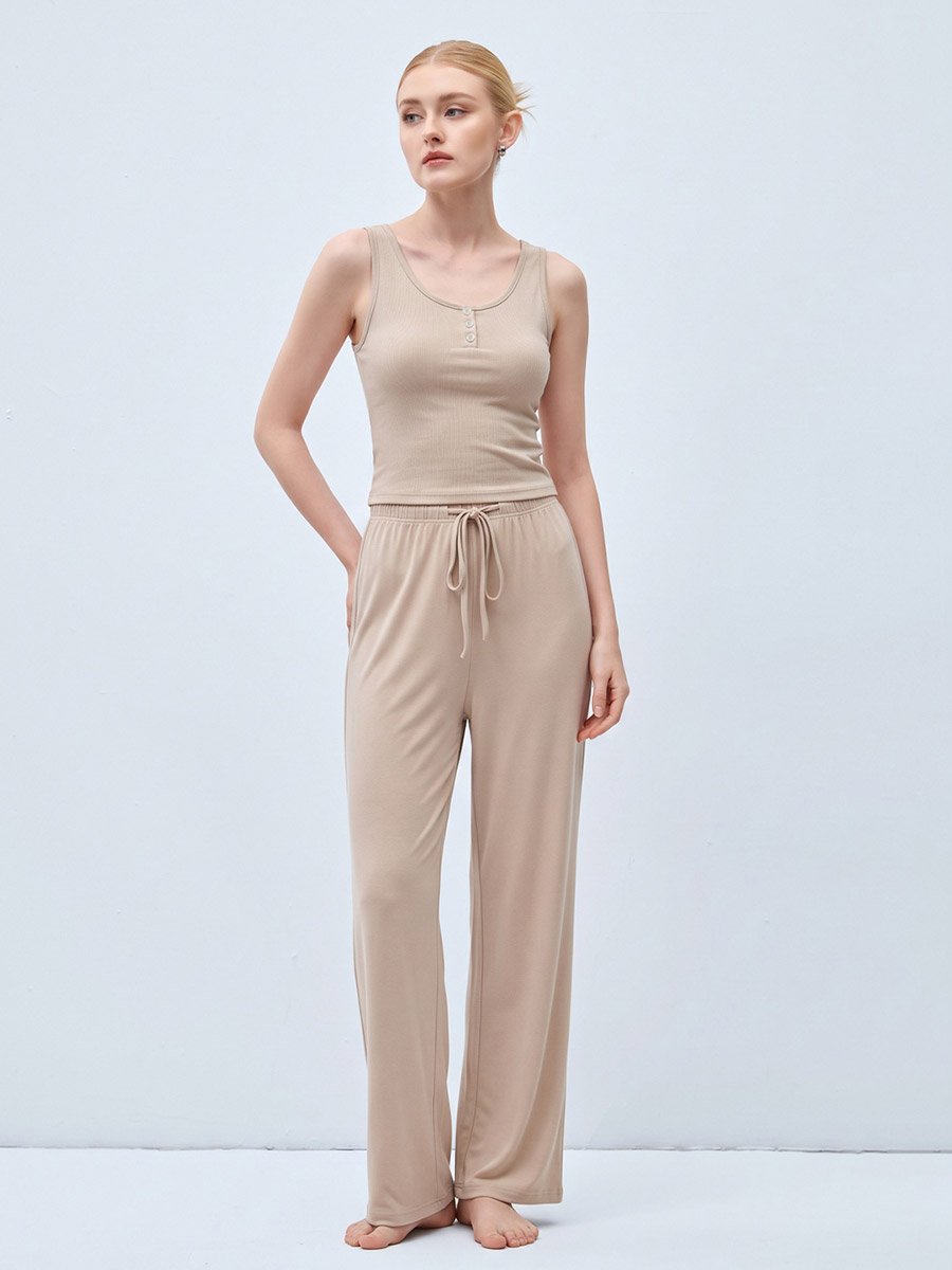 Beige Ribbed Tank and Wide-Leg Lounge Set