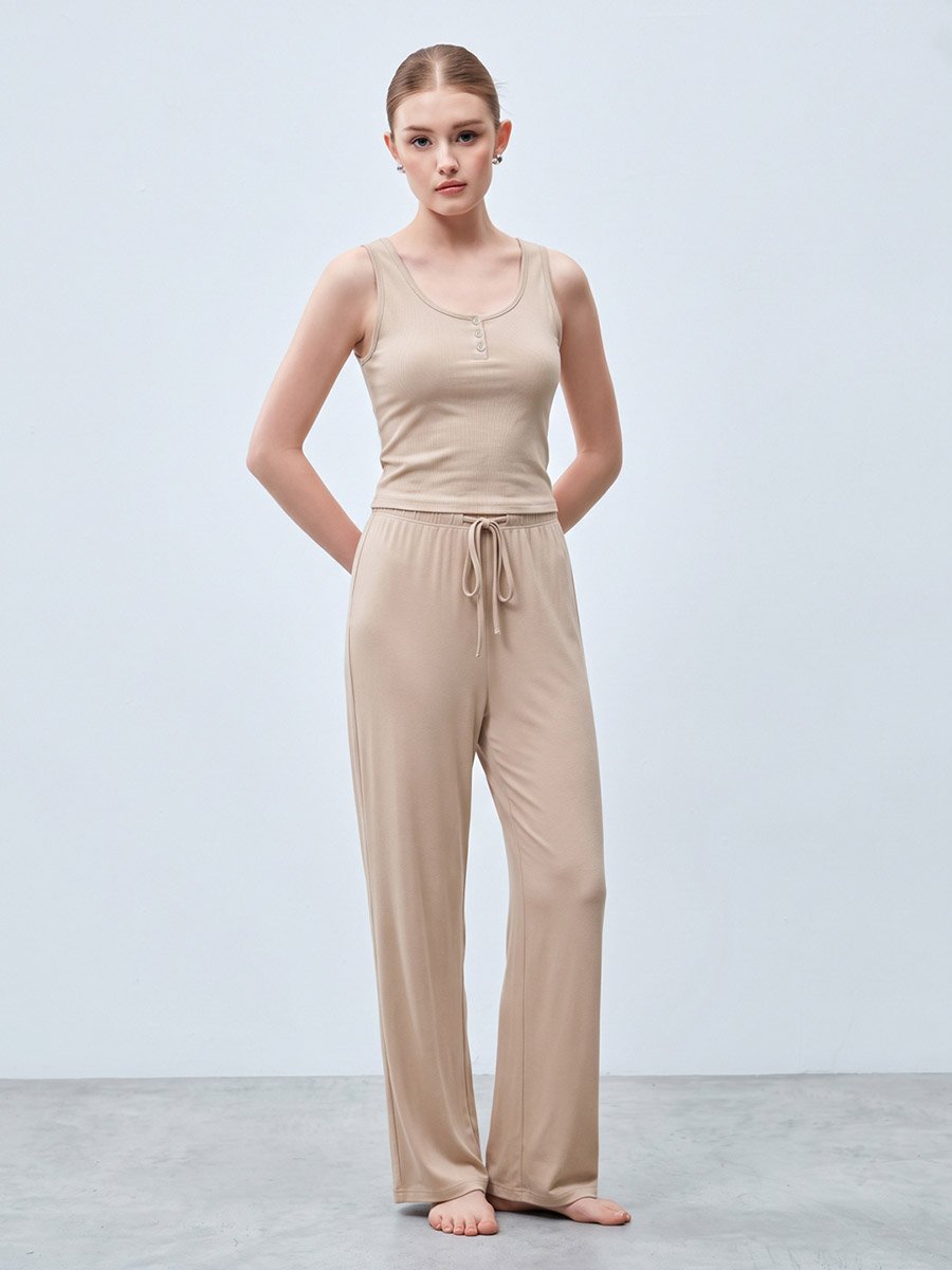 Beige Ribbed Tank and Wide-Leg Lounge Set