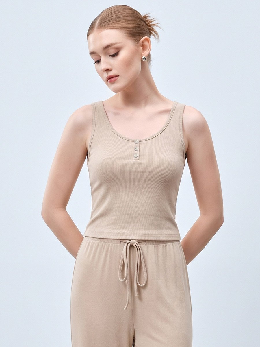 Beige Ribbed Tank and Wide-Leg Lounge Set