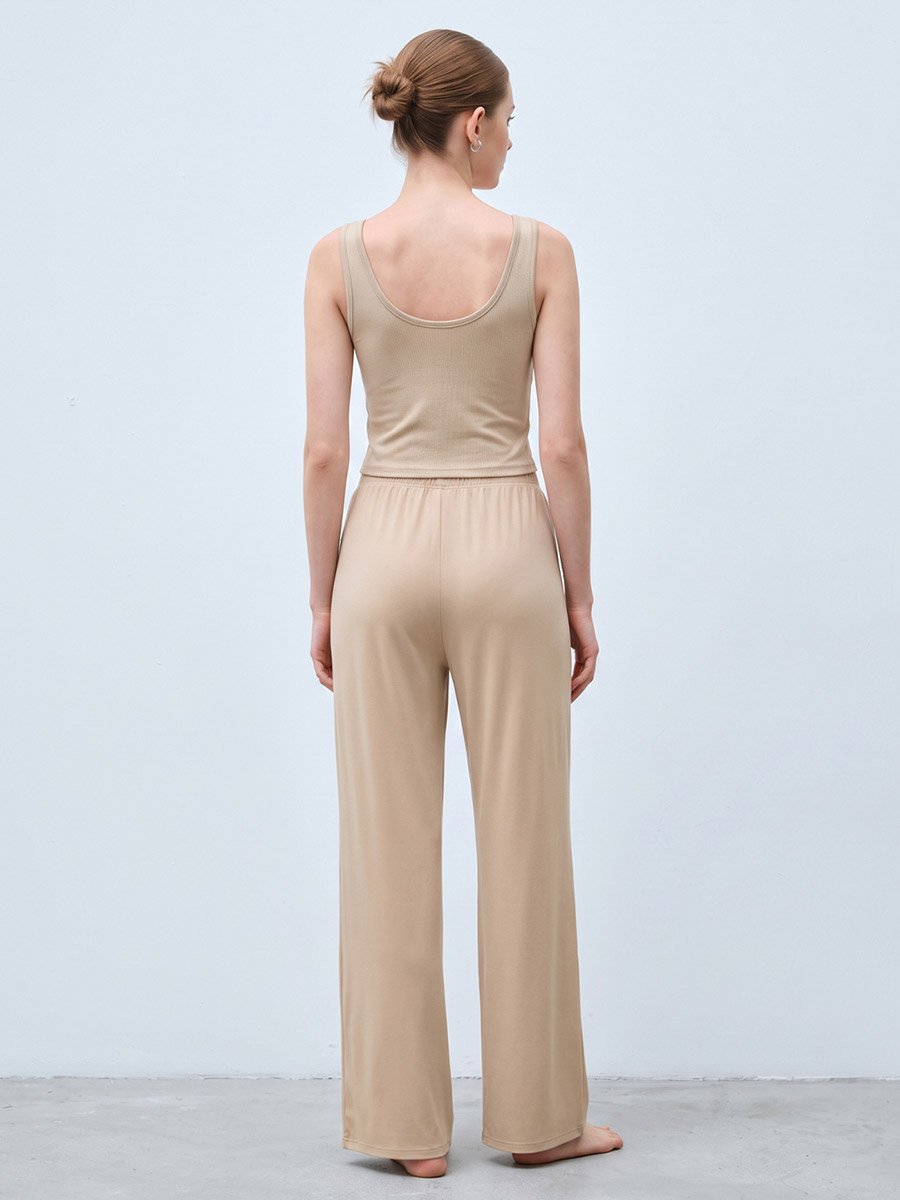 Beige Ribbed Tank and Wide-Leg Lounge Set