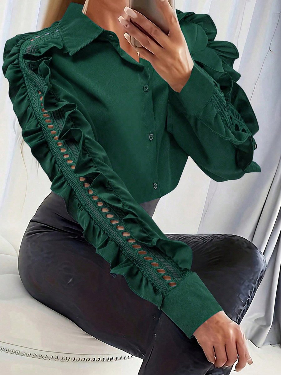 Green Ruffle Sleeve Button-Up Shirt