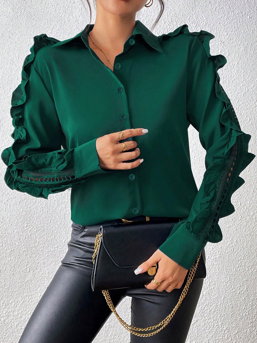 Green Ruffle Sleeve Button-Up Shirt