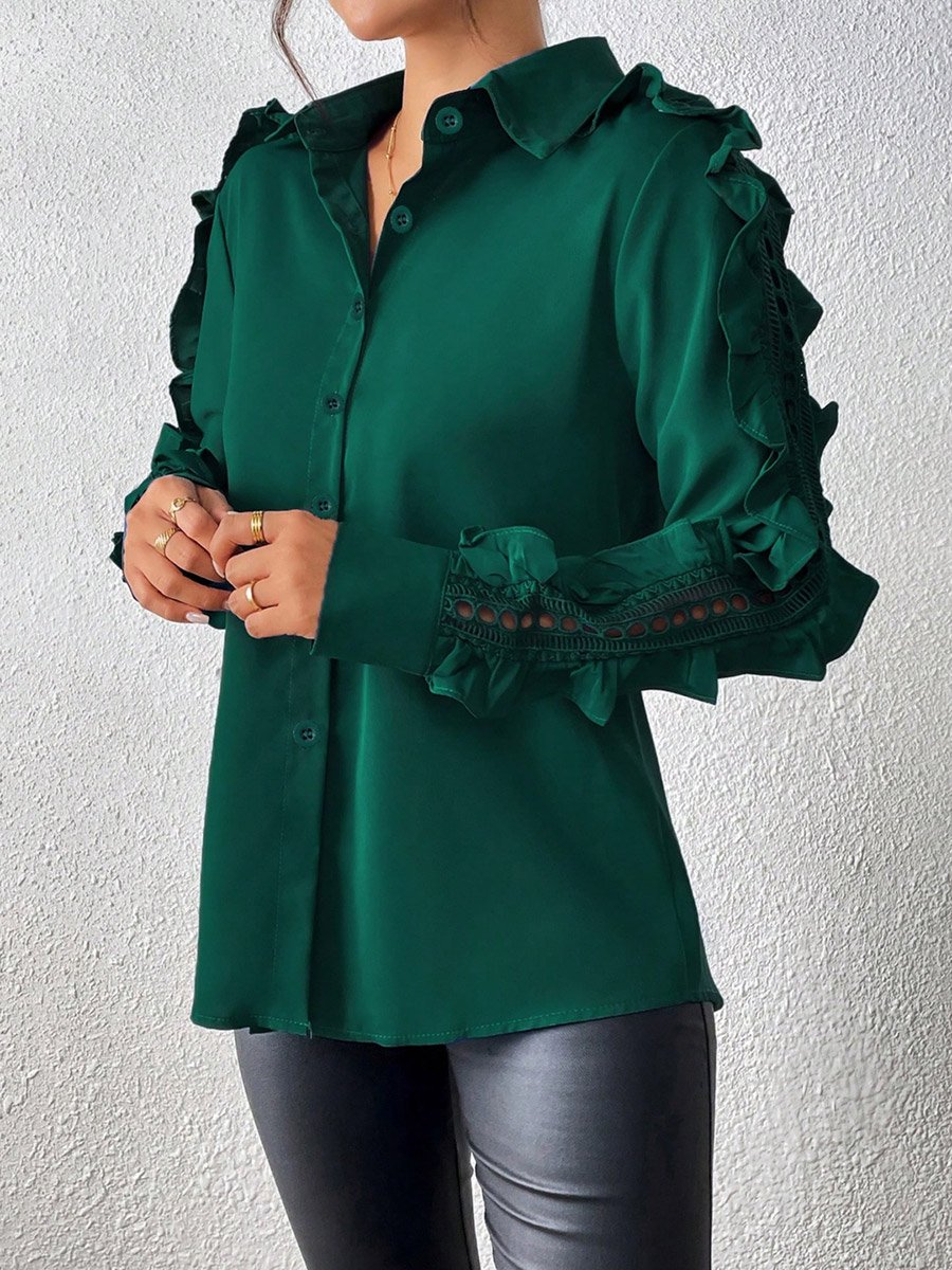 Green Ruffle Sleeve Button-Up Shirt