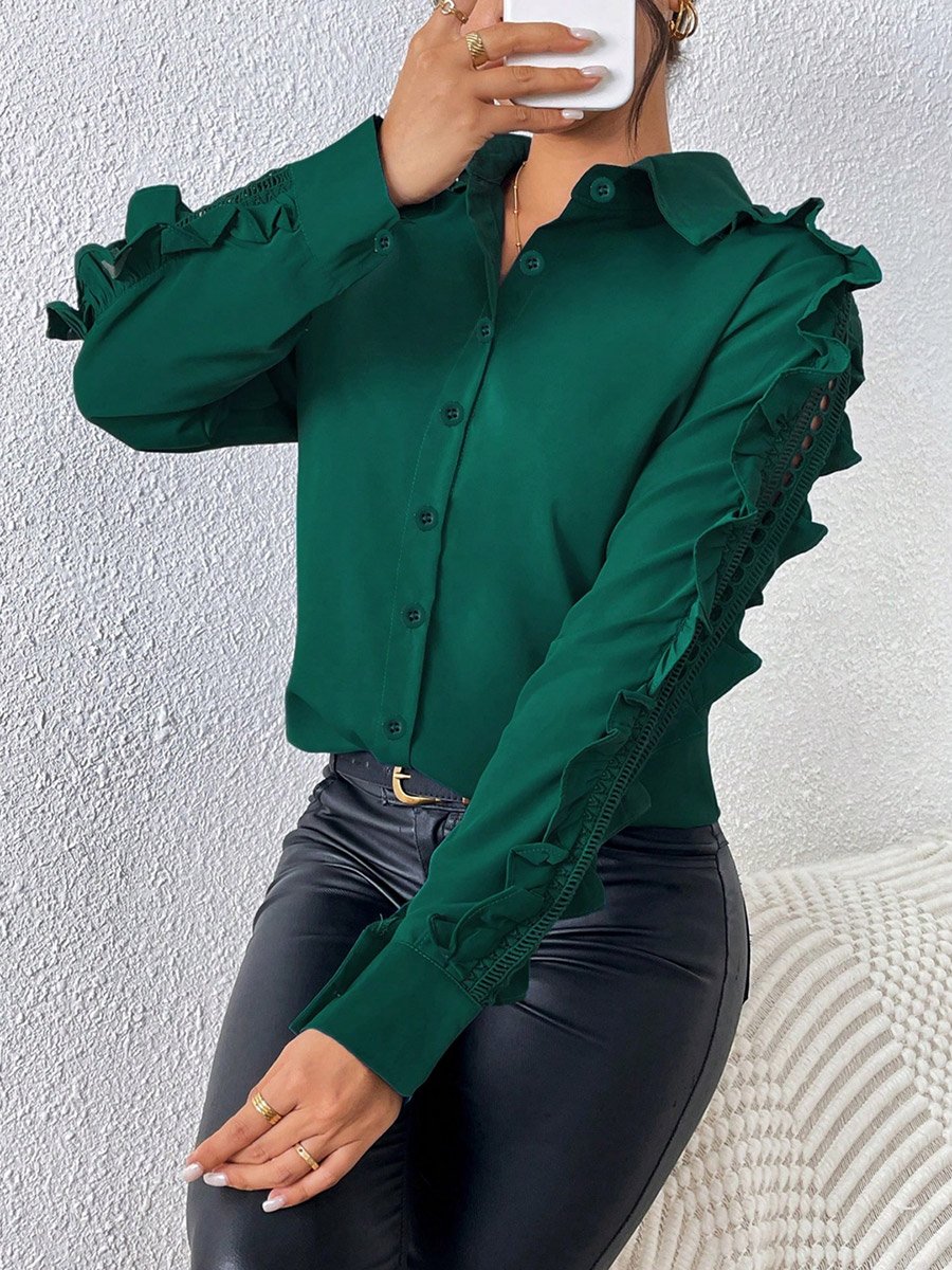 Green Ruffle Sleeve Button-Up Shirt