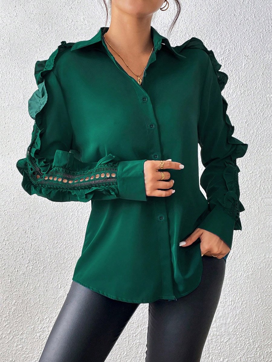 Green Ruffle Sleeve Button-Up Shirt