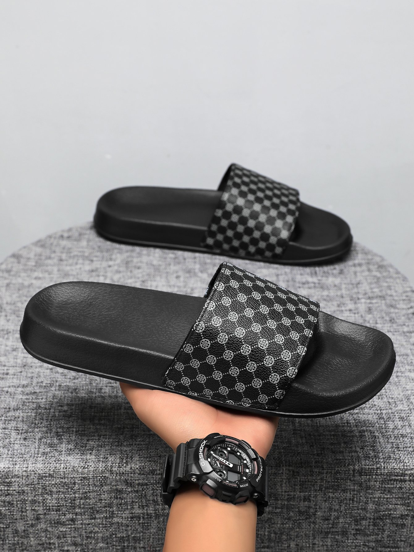 Men Black Patterned Slip-On Flip-Flops
