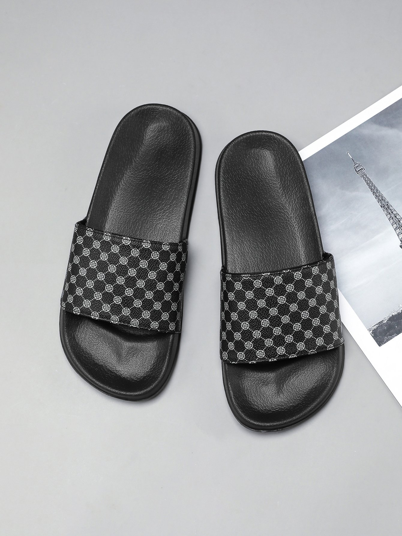 Men Black Patterned Slip-On Flip-Flops