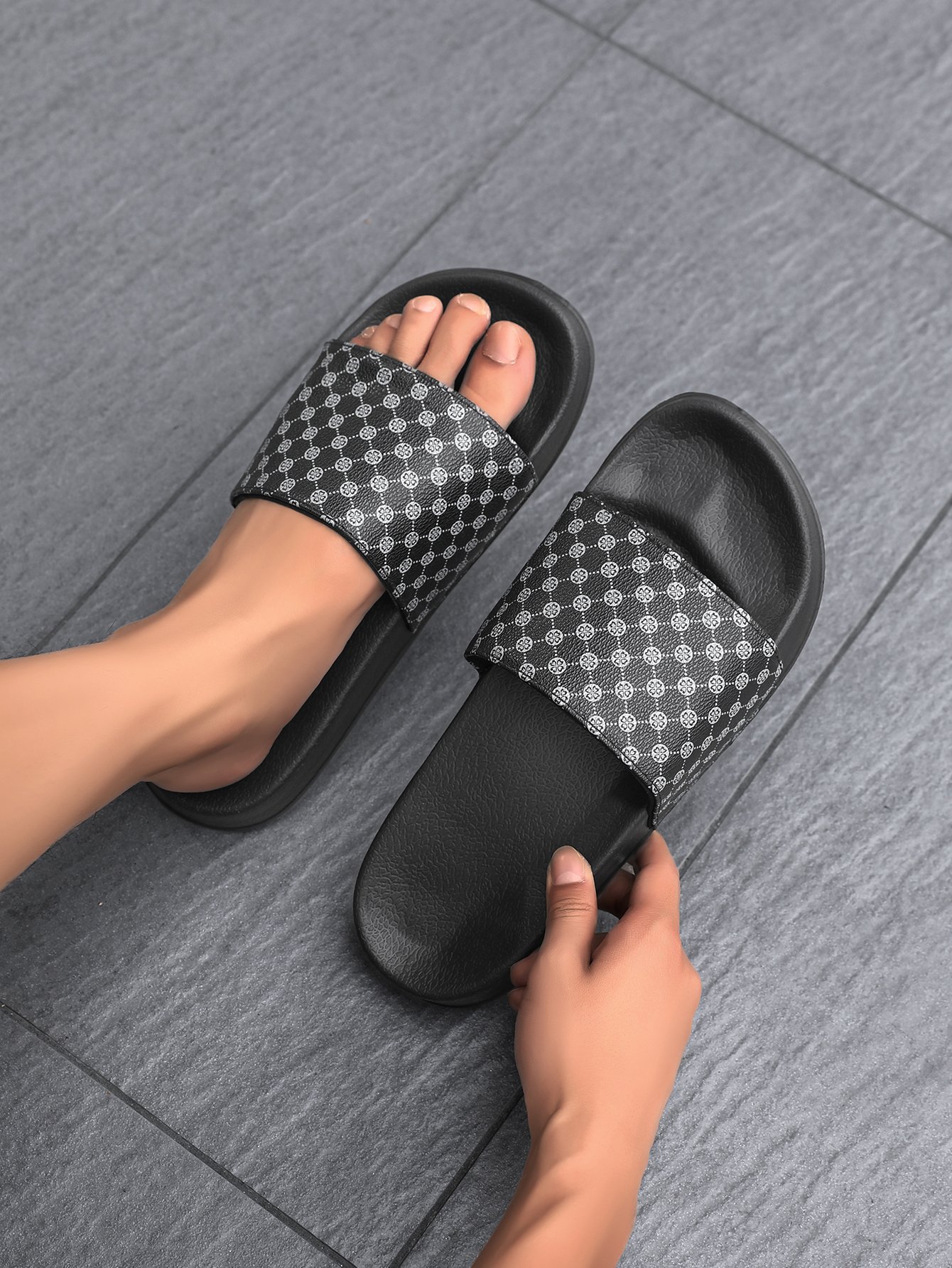 Men Black Patterned Slip-On Flip-Flops