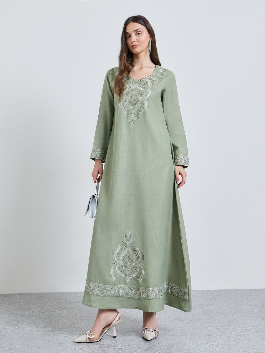 Olive Embroidered V Neck A-Line Ankle length Dress