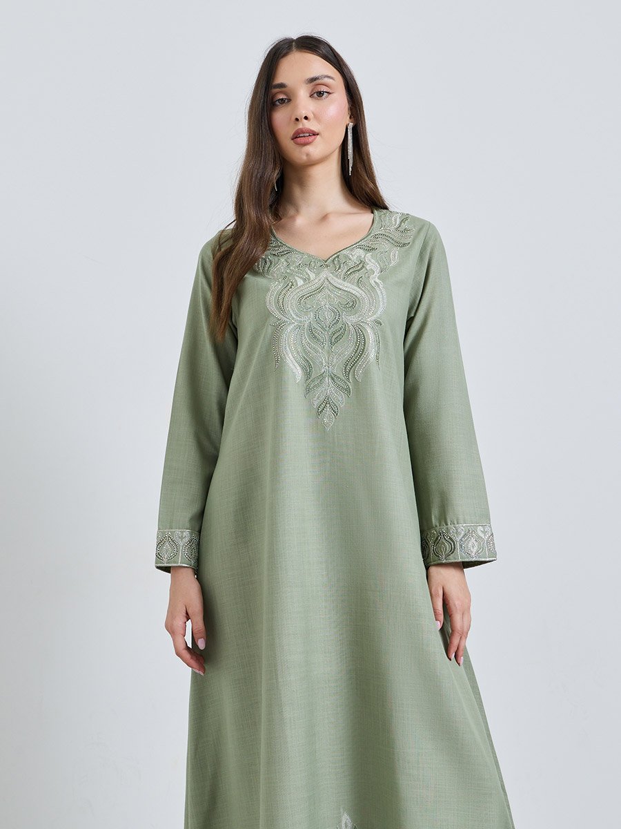 Olive Embroidered V Neck A-Line Ankle length Dress