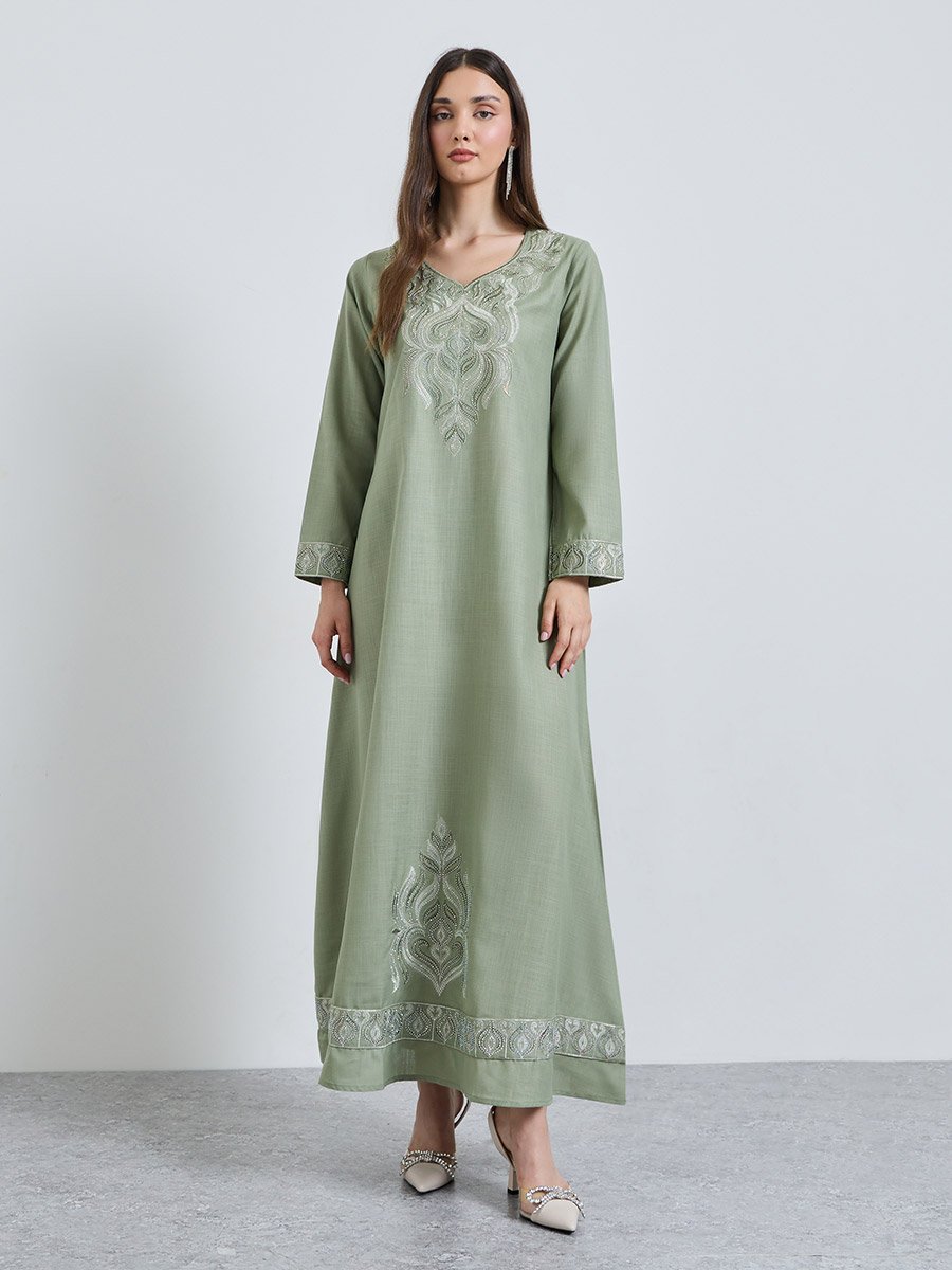Olive Embroidered V Neck A-Line Ankle length Dress