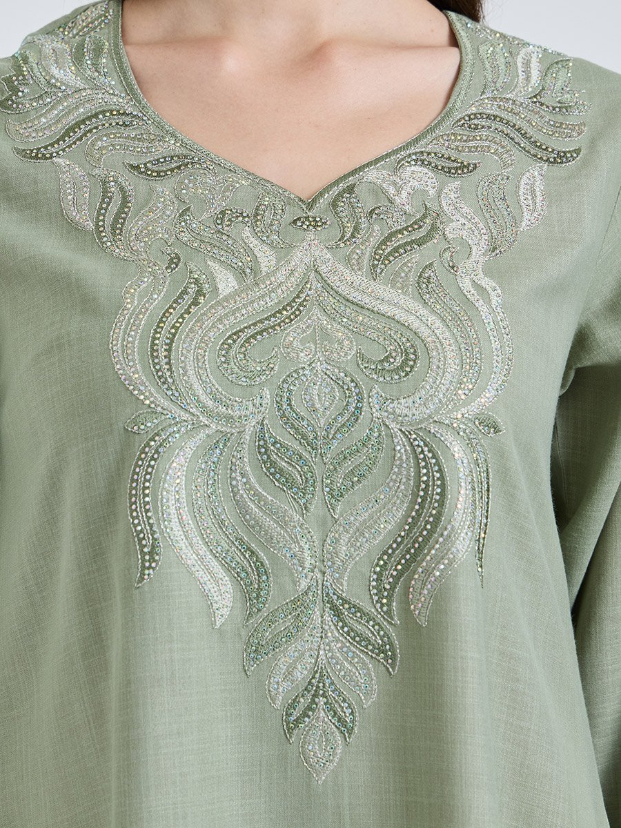 Olive Embroidered V Neck A-Line Ankle length Dress