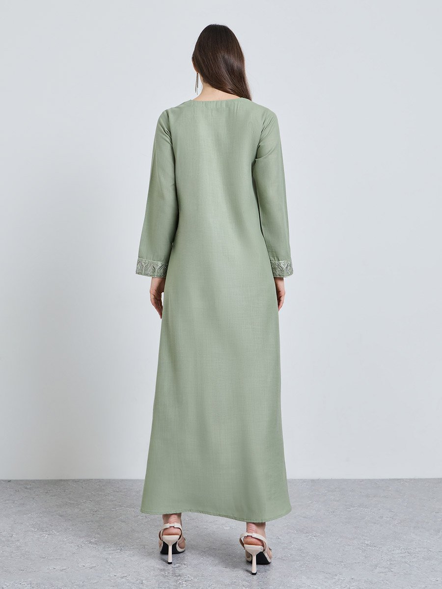 Olive Embroidered V Neck A-Line Ankle length Dress
