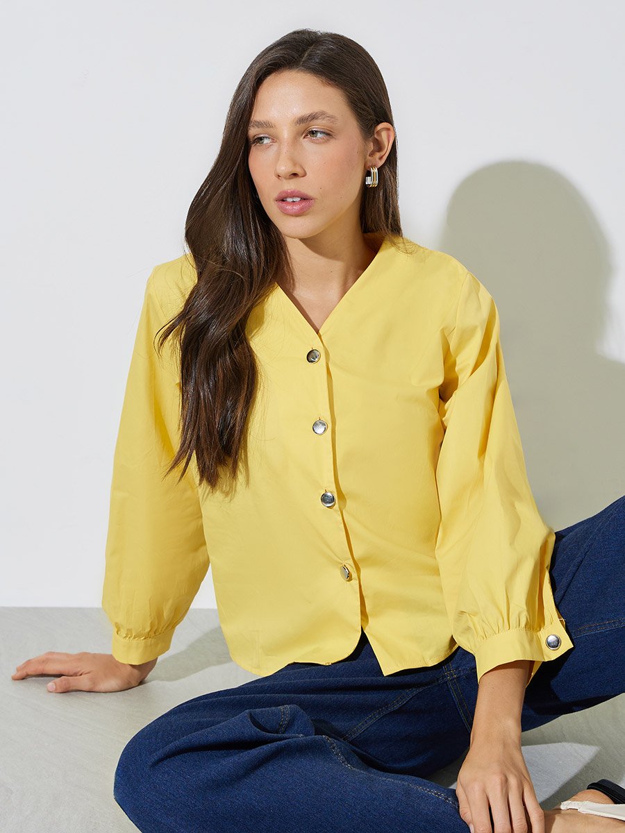 Yellow Solid Metal Button Collarless Shirt
