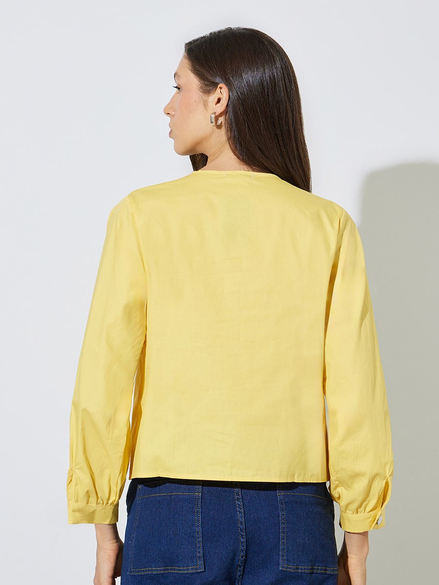 Yellow Solid Metal Button Collarless Shirt