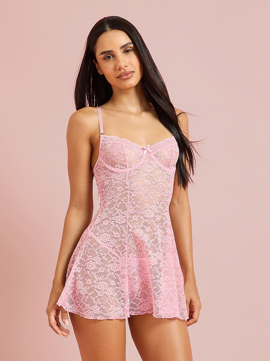 Light Pink Floral Lace Details Babydoll with Brief