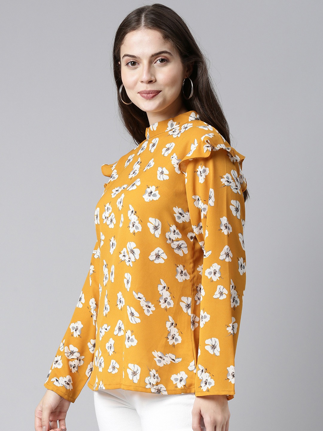 Mustard Floral High-Neck Long-Sleeve Regular Fit Top