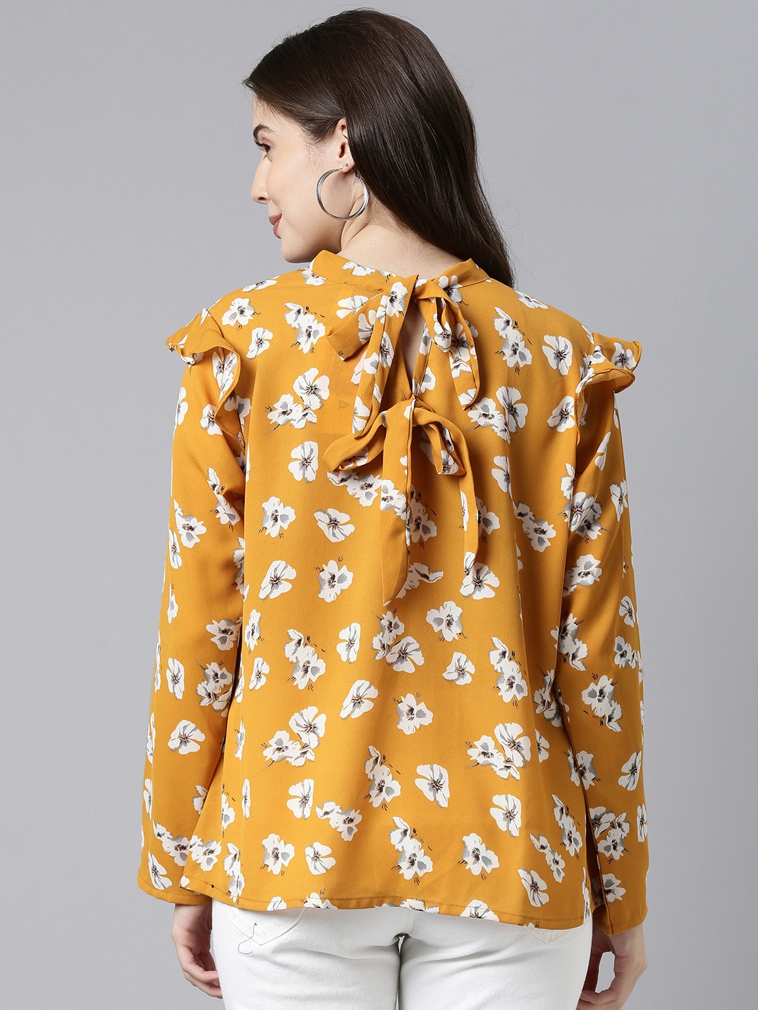 Mustard Floral High-Neck Long-Sleeve Regular Fit Top