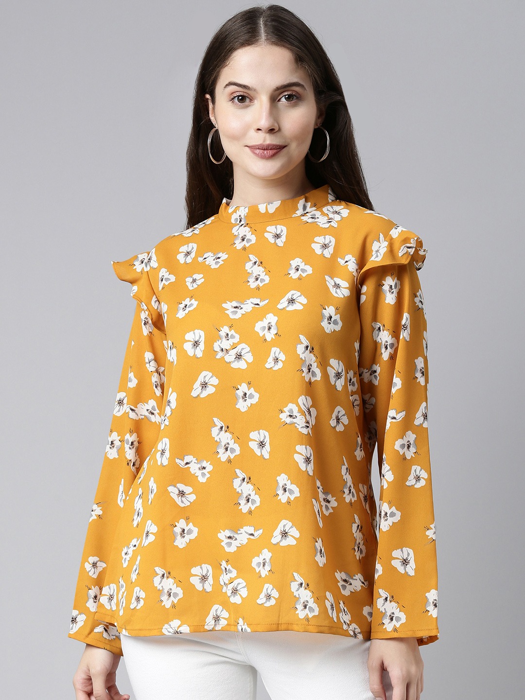 Mustard Floral High-Neck Long-Sleeve Regular Fit Top