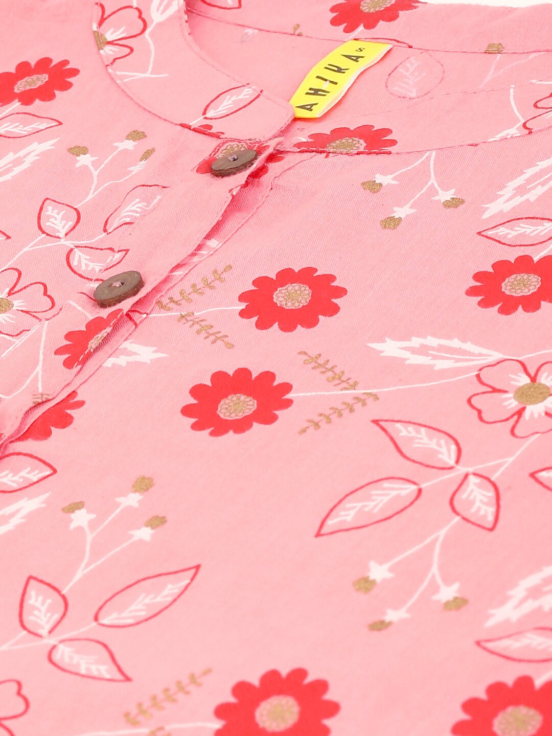 Pink Floral Cotton Tunic Top with Mandarin Collar