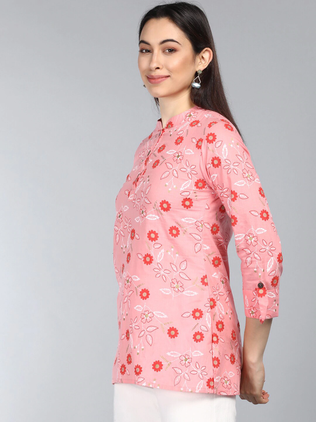 Pink Floral Cotton Tunic Top with Mandarin Collar