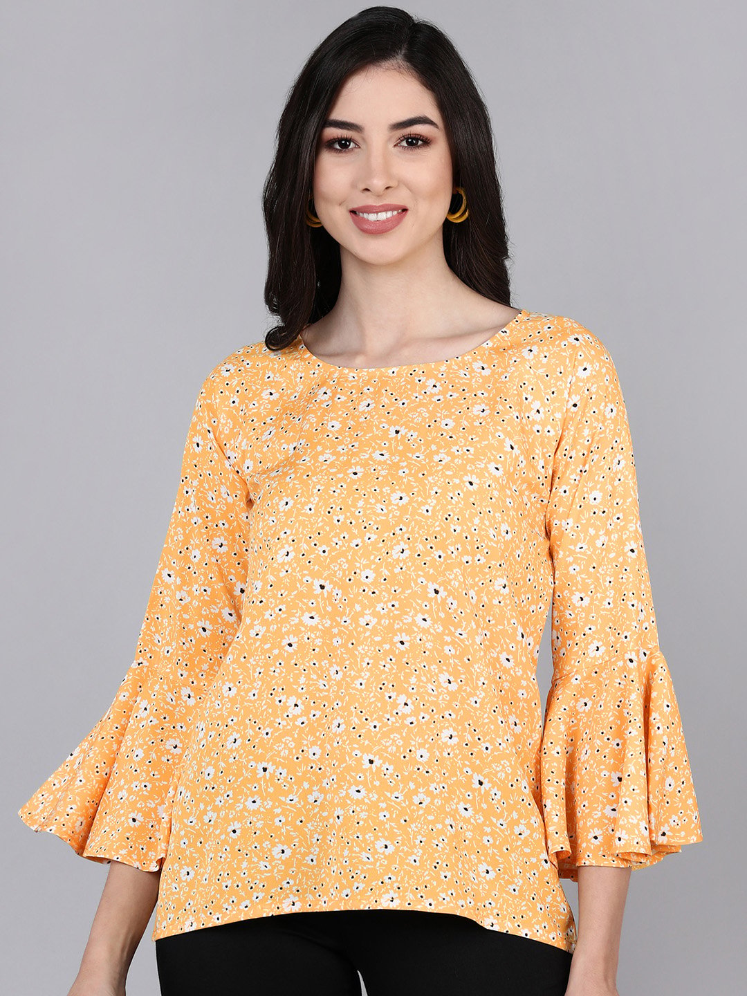 Mustard Floral Print Flared Sleeve Round Neck Top