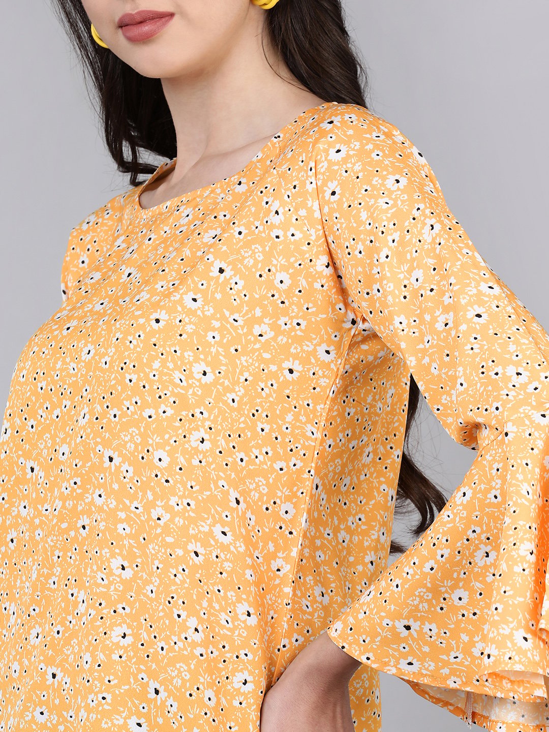Mustard Floral Print Flared Sleeve Round Neck Top