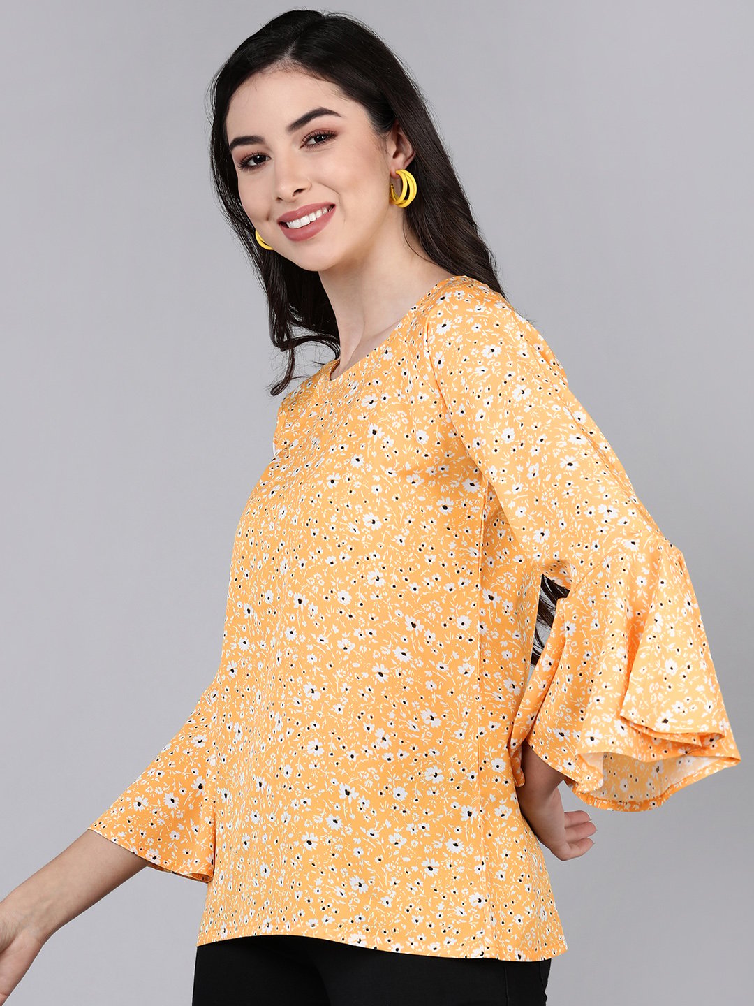 Mustard Floral Print Flared Sleeve Round Neck Top