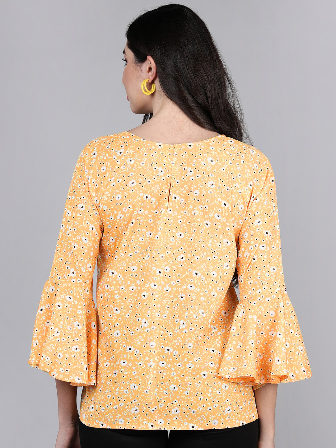 Mustard Floral Print Flared Sleeve Round Neck Top