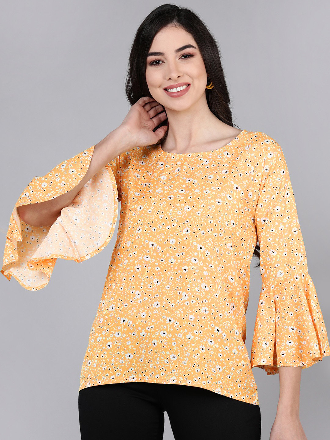 Mustard Floral Print Flared Sleeve Round Neck Top