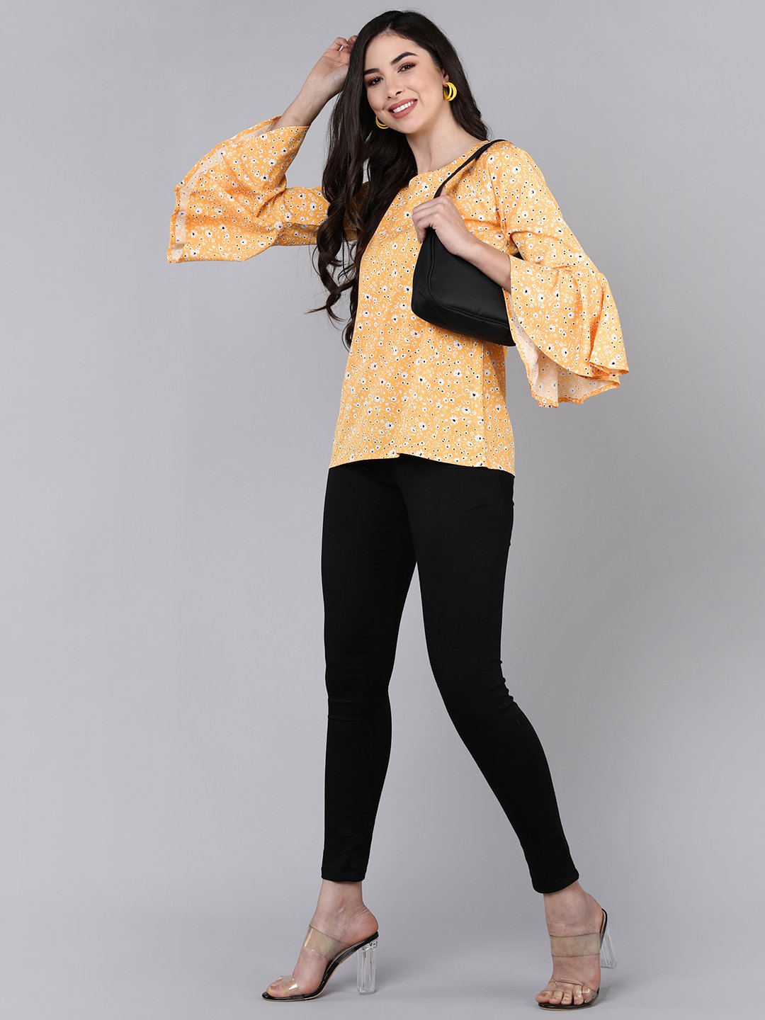 Mustard Floral Print Flared Sleeve Round Neck Top