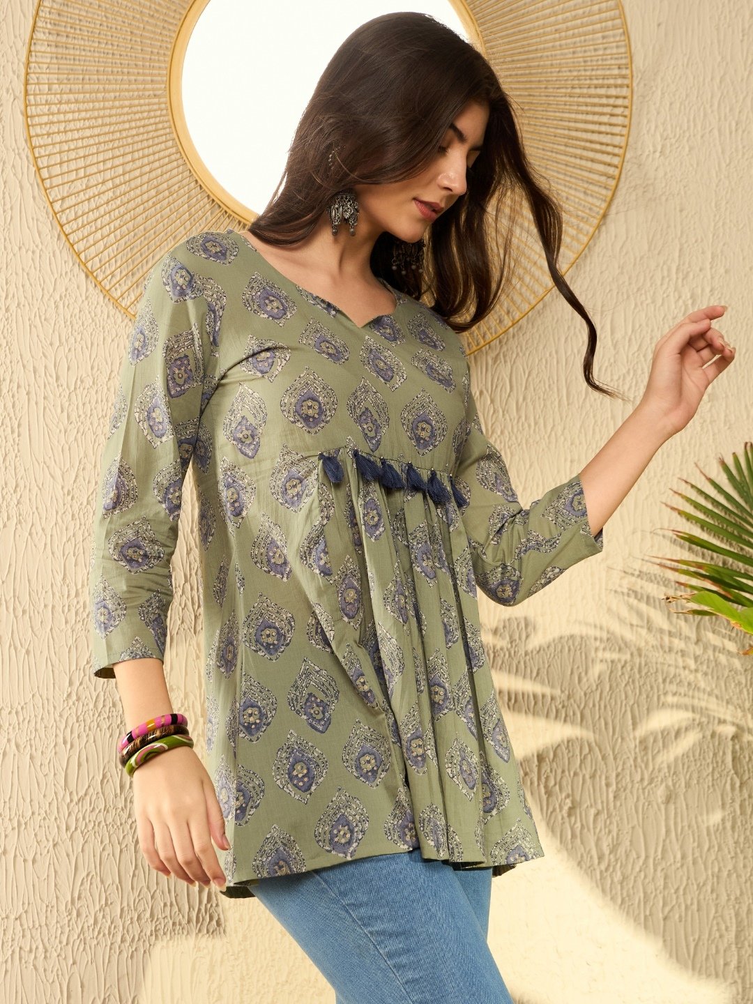 Olive Green Ethnic Motifs V-Neck Peplum Tunic Top