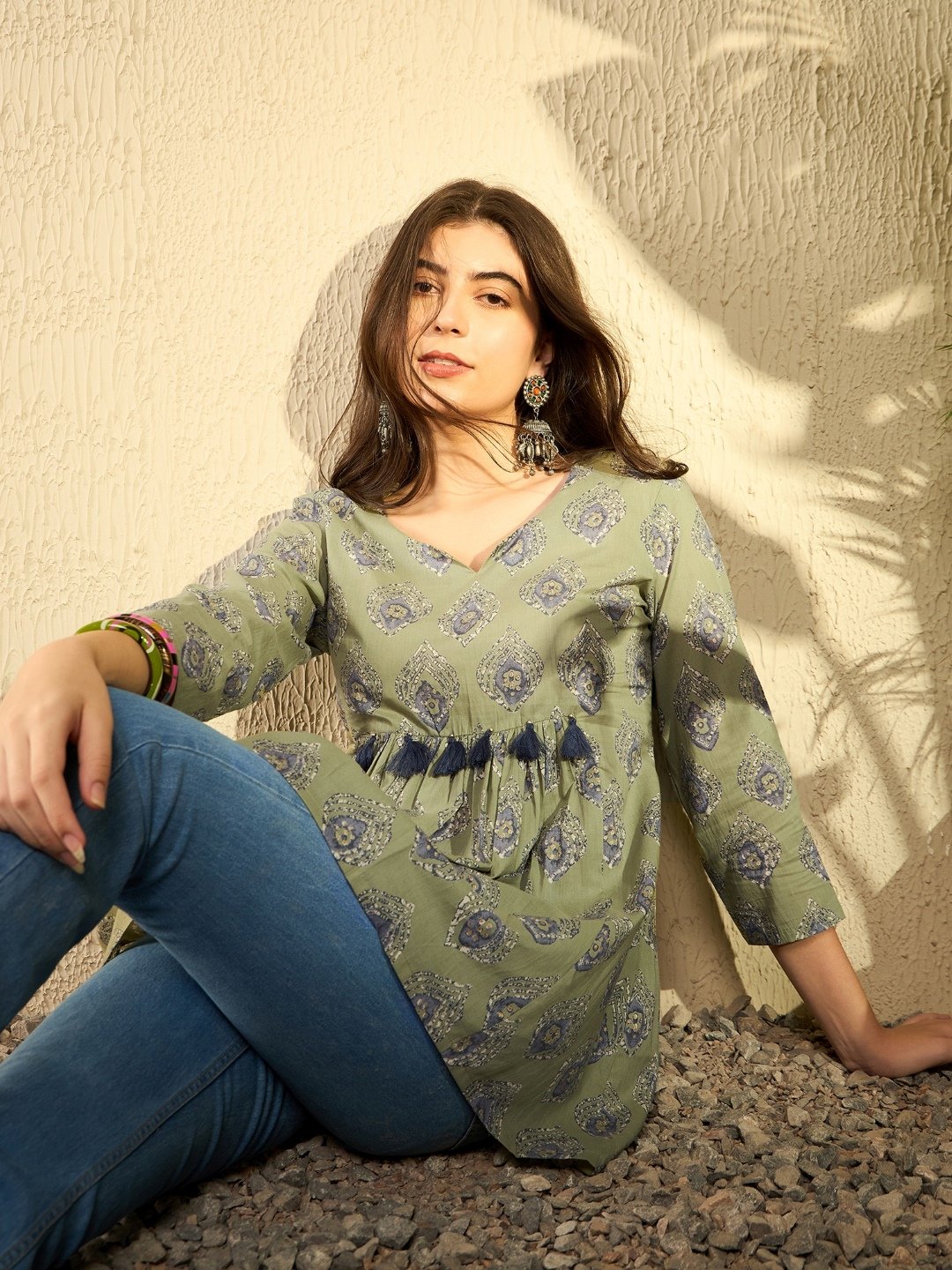 Olive Green Ethnic Motifs V-Neck Peplum Tunic Top
