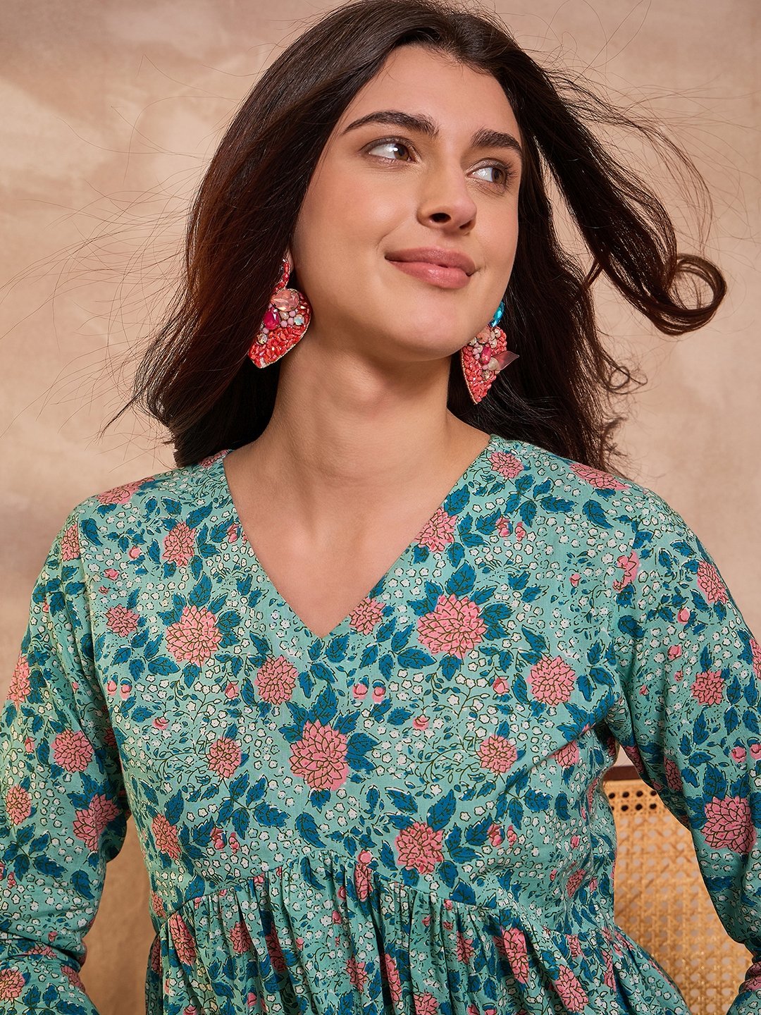 Teal Floral Print Cotton Peplum Top with V-Neck and 3/4 Sleeves
