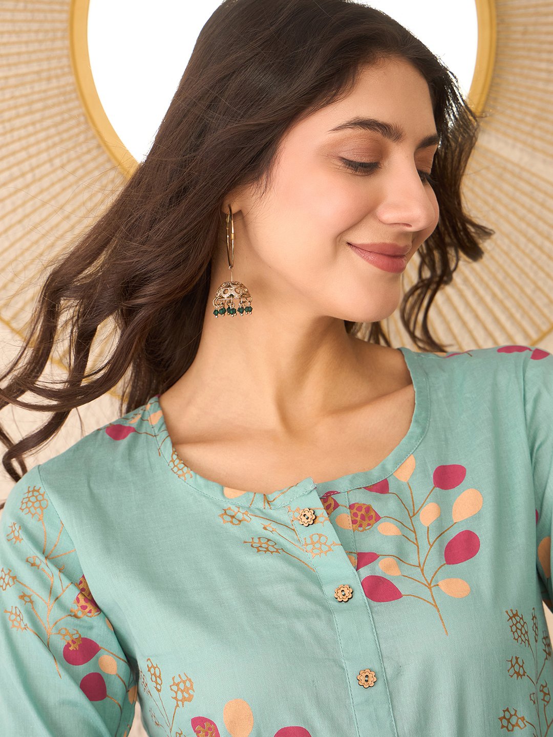 Turquoise Floral Printed Cotton Blend Casual Top