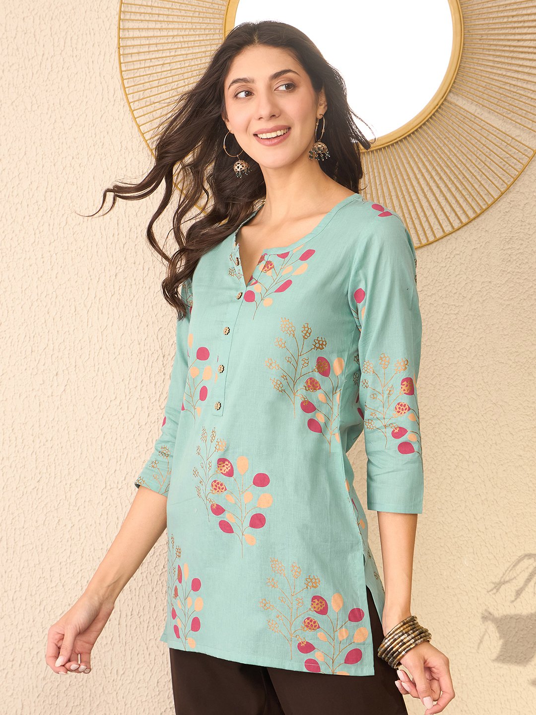 Turquoise Floral Printed Cotton Blend Casual Top
