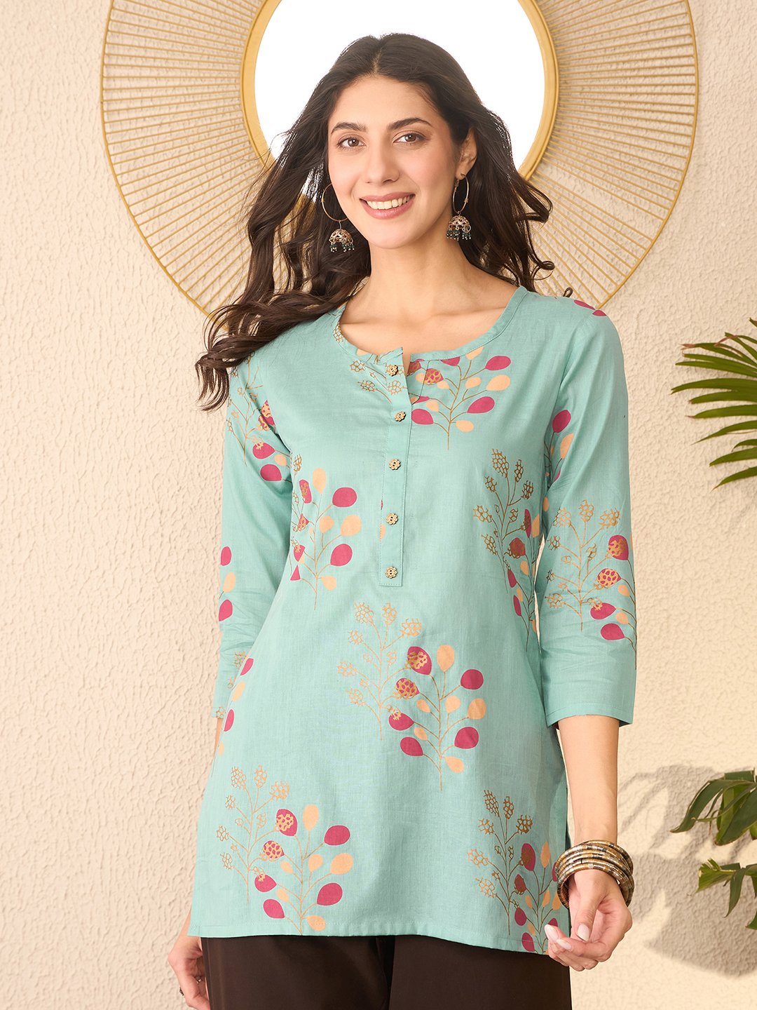 Turquoise Floral Printed Cotton Blend Casual Top